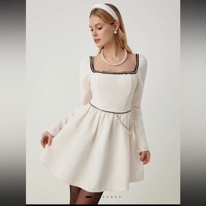 Cider TWEED SQUARE NECK LONG SLEEVE RUFFLE MINI DRESS